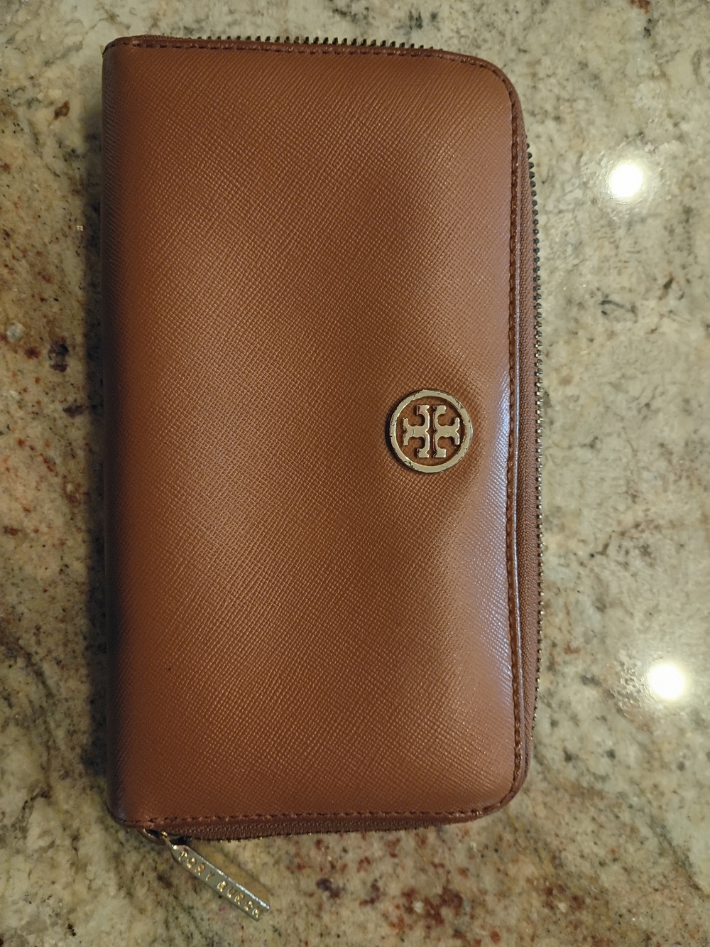Tory Burch Zip Around Wallet Cognac Brown Bright Pink Inside EUC Crazy Price!